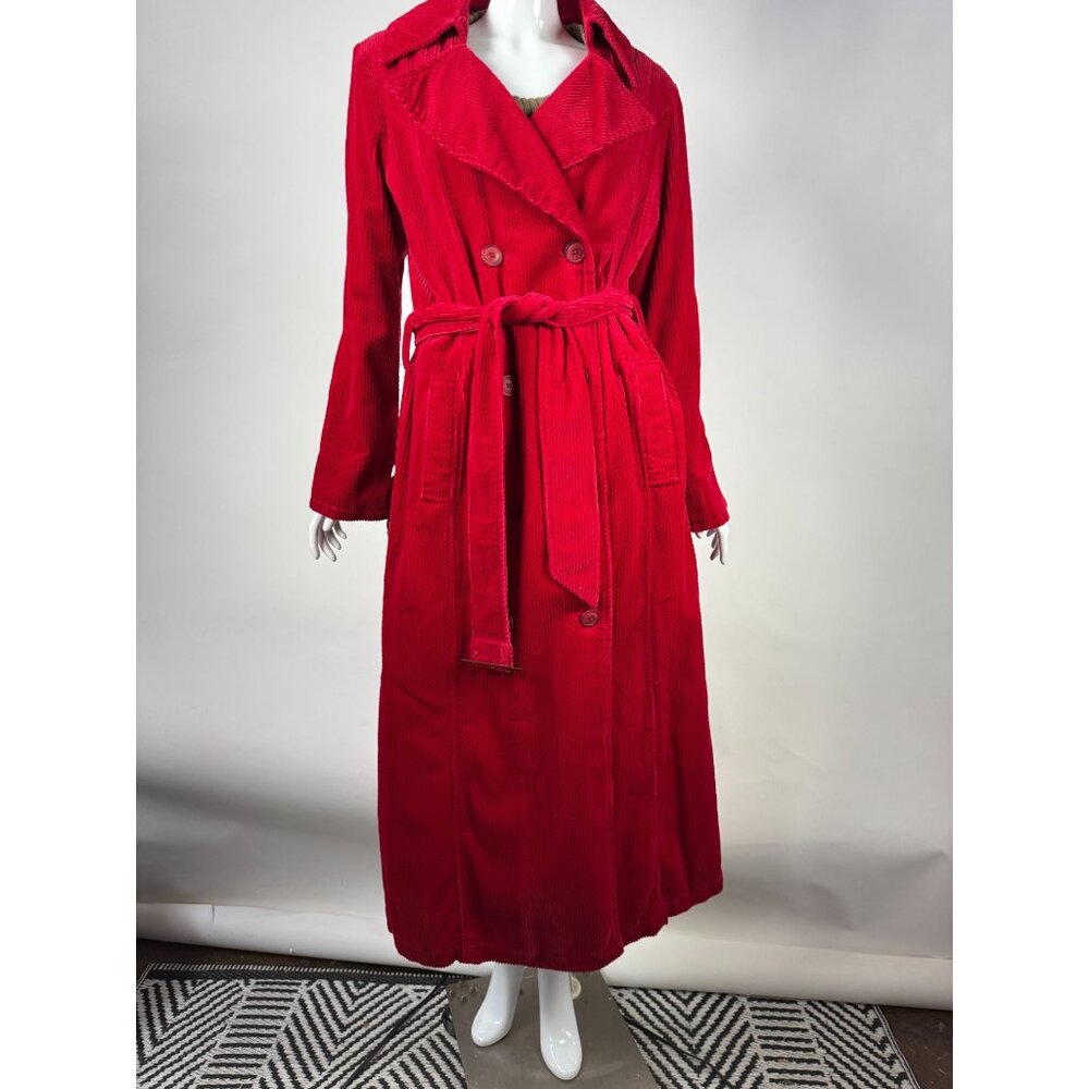 Vintage Newport News Red Corduroy Belted Trench Coat With Leopard Print Lining S